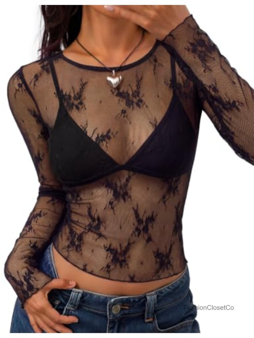 Sheer Mesh Long Sleeve Top Floral Lace See Through